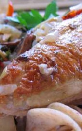 Braised Chicken with Artichoke Hearts, Mushrooms, and Pappadew Peppers