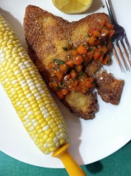 Read more about the article Cornmeal Crusted Flounder with Smoky Apricot Salsa