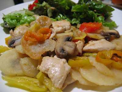 Chicken a la Cono, Debbie Style (Chicken with Potatoes, Mushrooms, & Vinegar Peppers)