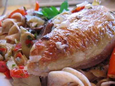 Read more about the article Braised Chicken with Artichoke Hearts, Mushrooms, and Pappadew Peppers