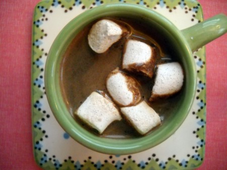 hot cocoa with cinnamon, ancho chile powder, and nutmeg
