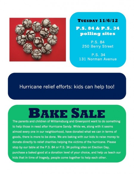 Williamsburg Bake Sale Fundraiser for Hurricane Sandy