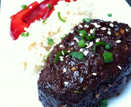 recipe for mini-meatloaf with salty-sweet Korean flavors: soy sauce, sesame oil, sugar, garlic, scallions, ginger